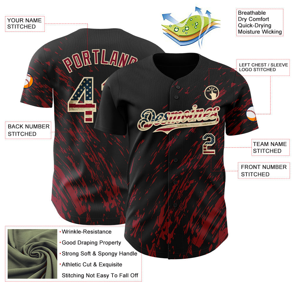 Custom Black Vintage USA Flag Crimson-Cream Paint Stroke Grunge Streak Authentic Baseball Jersey baseball jersey product view 3