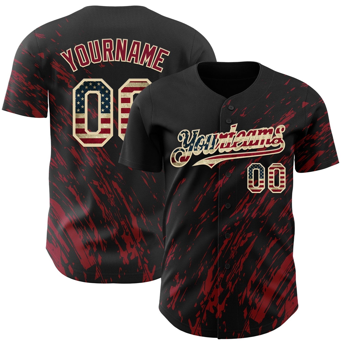 Custom Black Vintage USA Flag Crimson-Cream Paint Stroke Grunge Streak Authentic Baseball Jersey baseball jersey product view 1