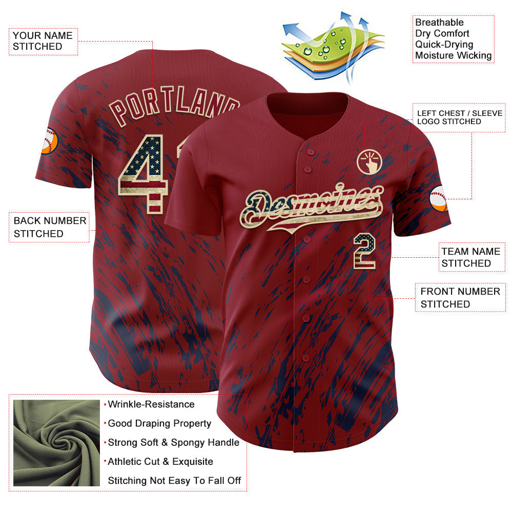 Custom Crimson Vintage USA Flag Navy-Cream Paint Stroke Grunge Streak Authentic Baseball Jersey baseball jersey product view 3