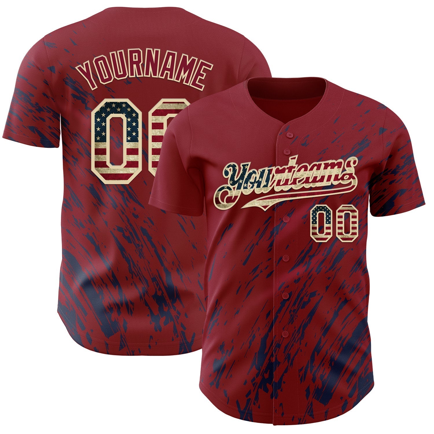 Custom Crimson Vintage USA Flag Navy-Cream Paint Stroke Grunge Streak Authentic Baseball Jersey baseball jersey product view 1