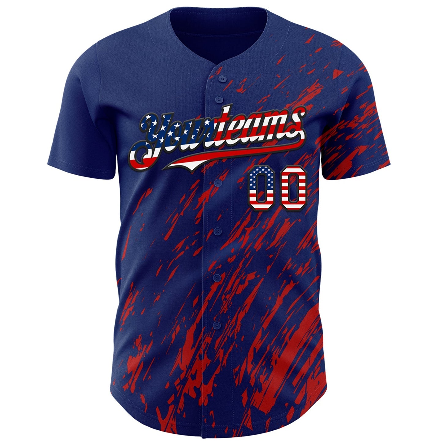 Custom Royal USA Flag Red-Black Paint Stroke Grunge Streak Authentic Baseball Jersey baseball jersey product view 2