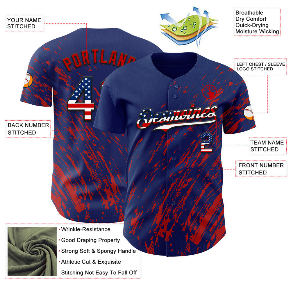 Custom Royal USA Flag Red-Black Paint Stroke Grunge Streak Authentic Baseball Jersey baseball jersey product view 3