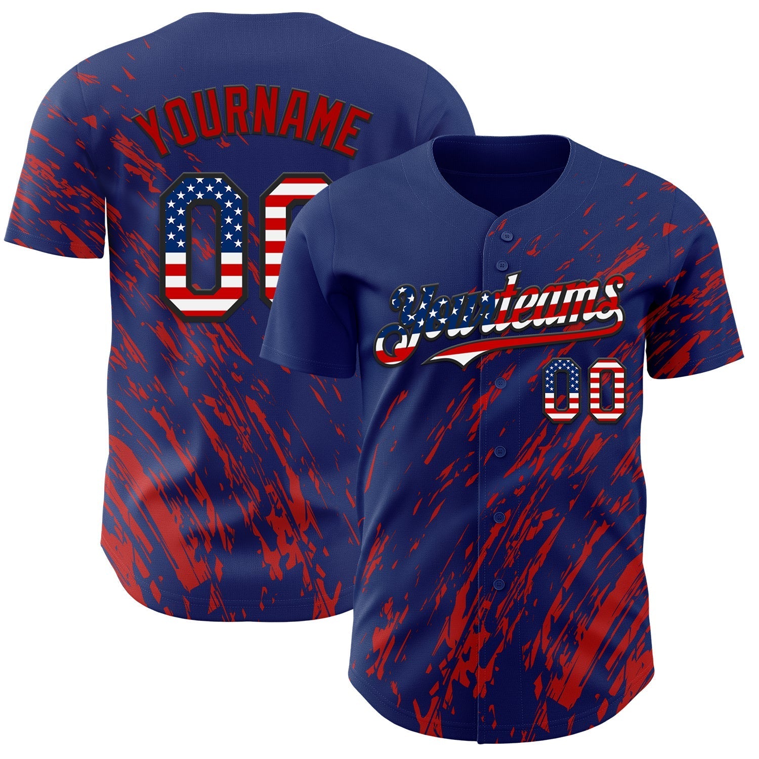 Custom Royal USA Flag Red-Black Paint Stroke Grunge Streak Authentic Baseball Jersey baseball jersey product view 1