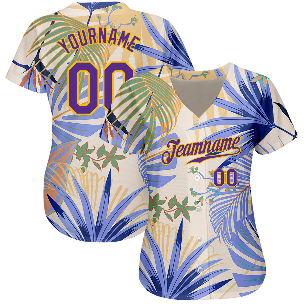 Custom White Purple-Gold 3D Pattern Design Hawaii Palm Leaves And Flowers Authentic Baseball Jersey baseball jersey product view 2
