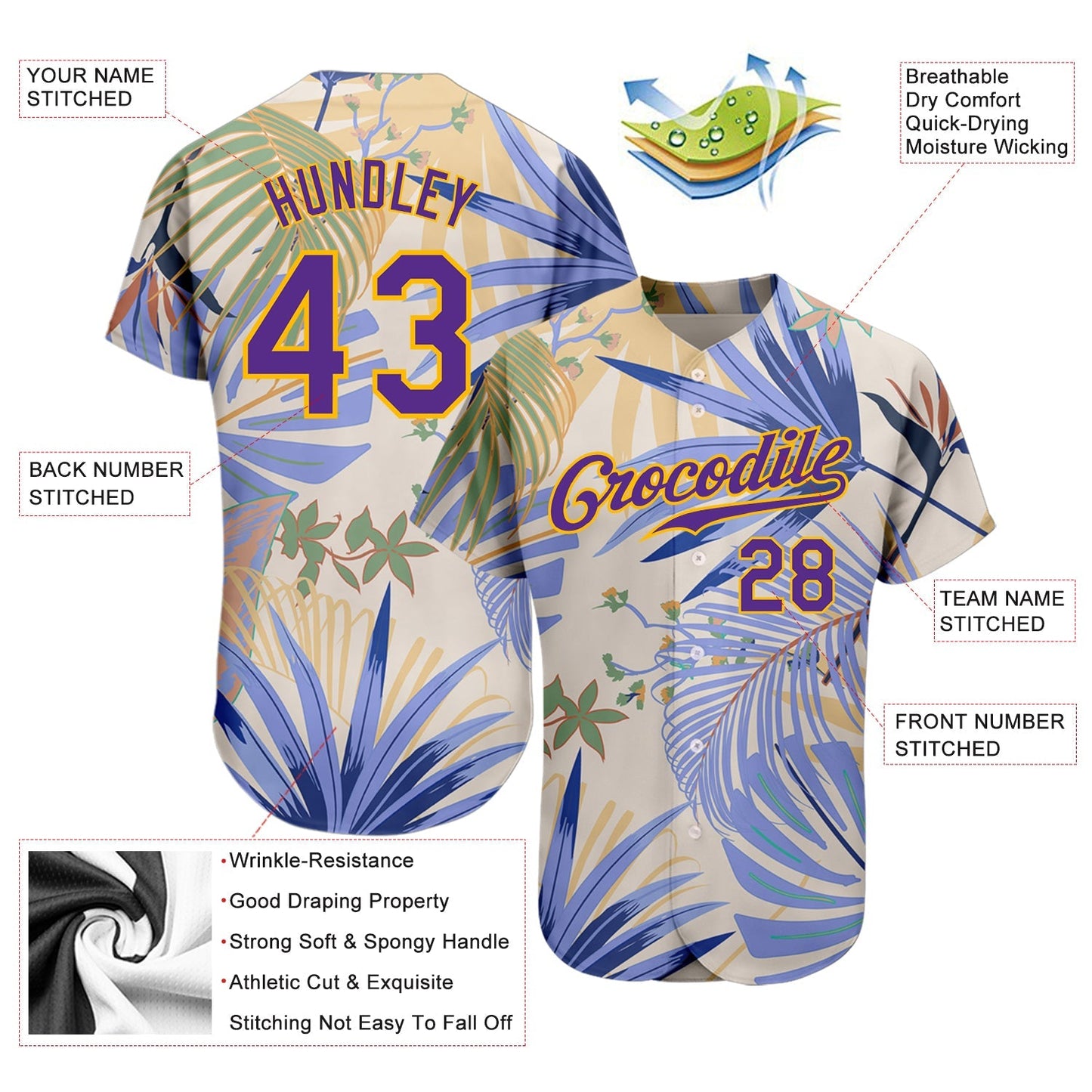 Custom White Purple-Gold 3D Pattern Design Hawaii Palm Leaves And Flowers Authentic Baseball Jersey baseball jersey product view 3