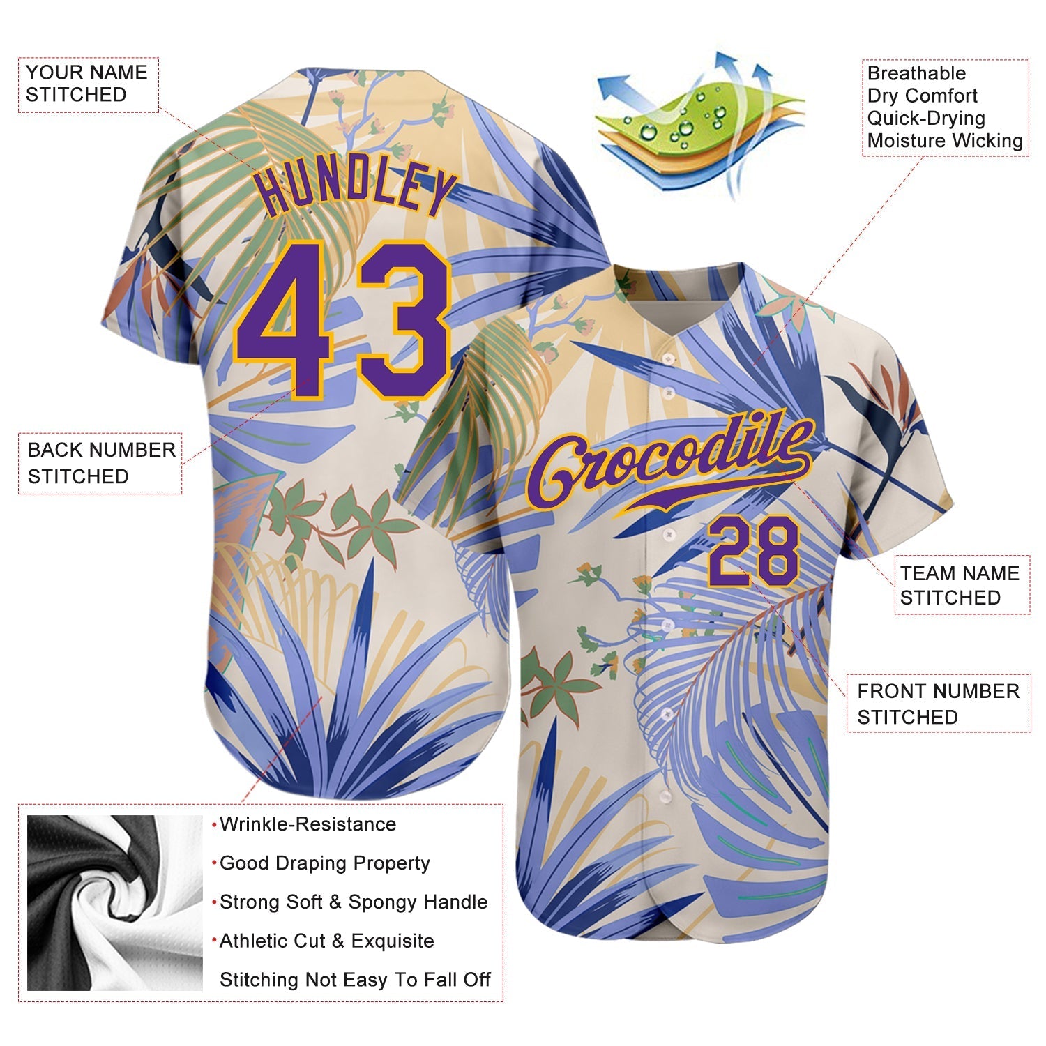 Custom White Purple-Gold 3D Pattern Design Hawaii Palm Leaves And Flowers Authentic Baseball Jersey baseball jersey product view 3