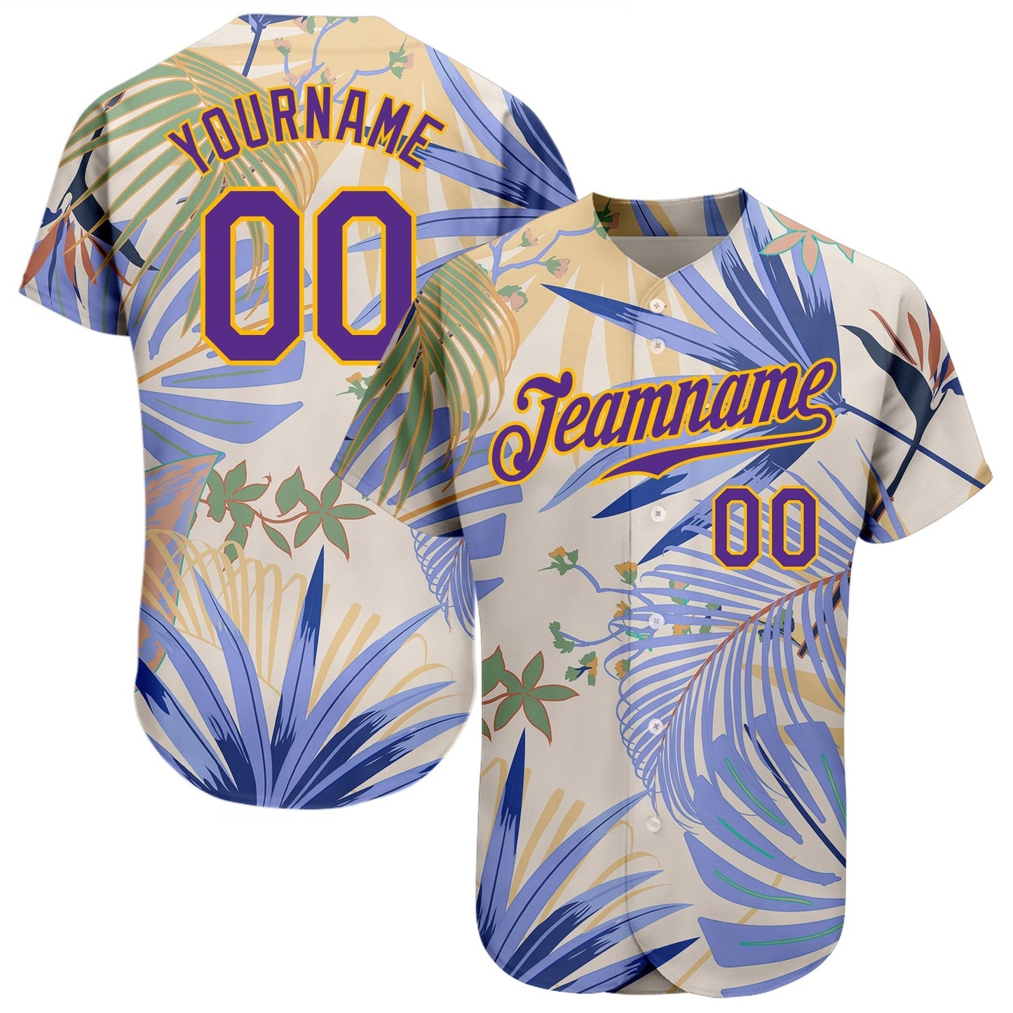 Custom White Purple-Gold 3D Pattern Design Hawaii Palm Leaves And Flowers Authentic Baseball Jersey baseball jersey product view 1