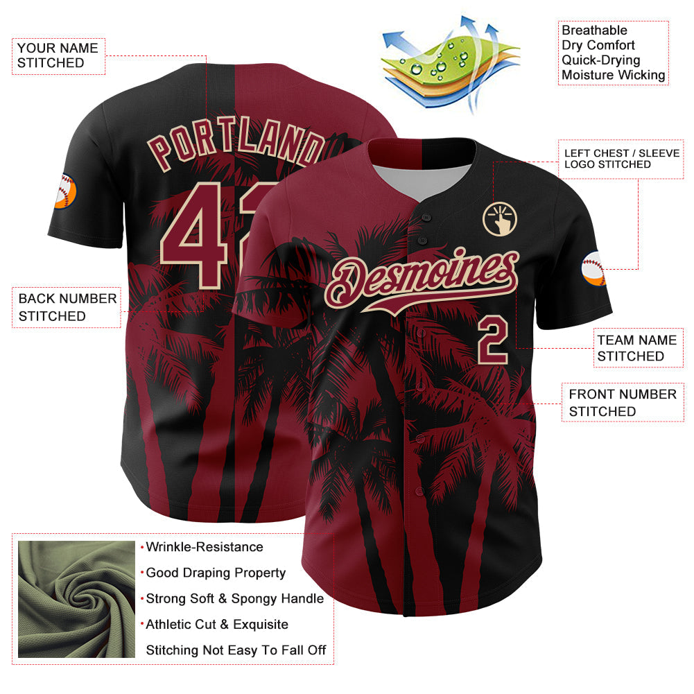 Custom Black Crimson-City Cream Hawaii Palm Trees Tropical Coconut Authentic Baseball Jersey baseball jersey product view 3