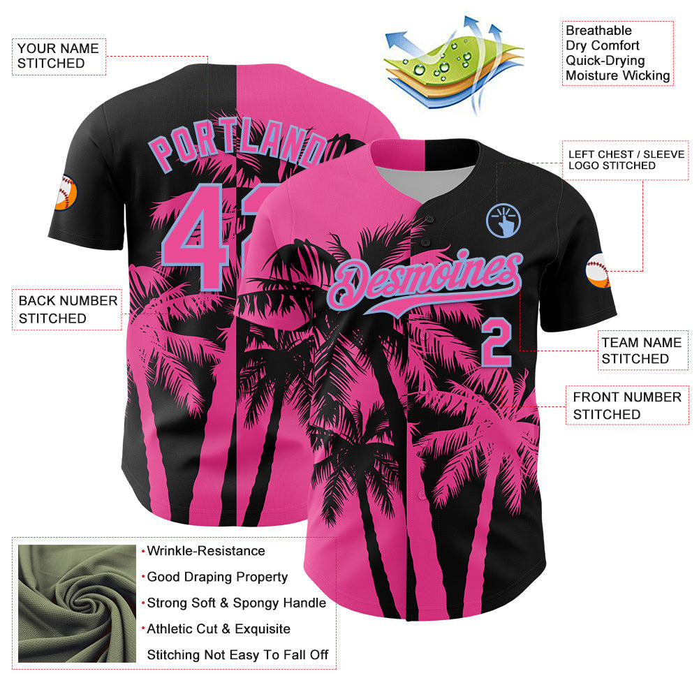Custom Black Pink-Light Blue Hawaii Palm Trees Tropical Coconut Authentic Baseball Jersey baseball jersey product view 3