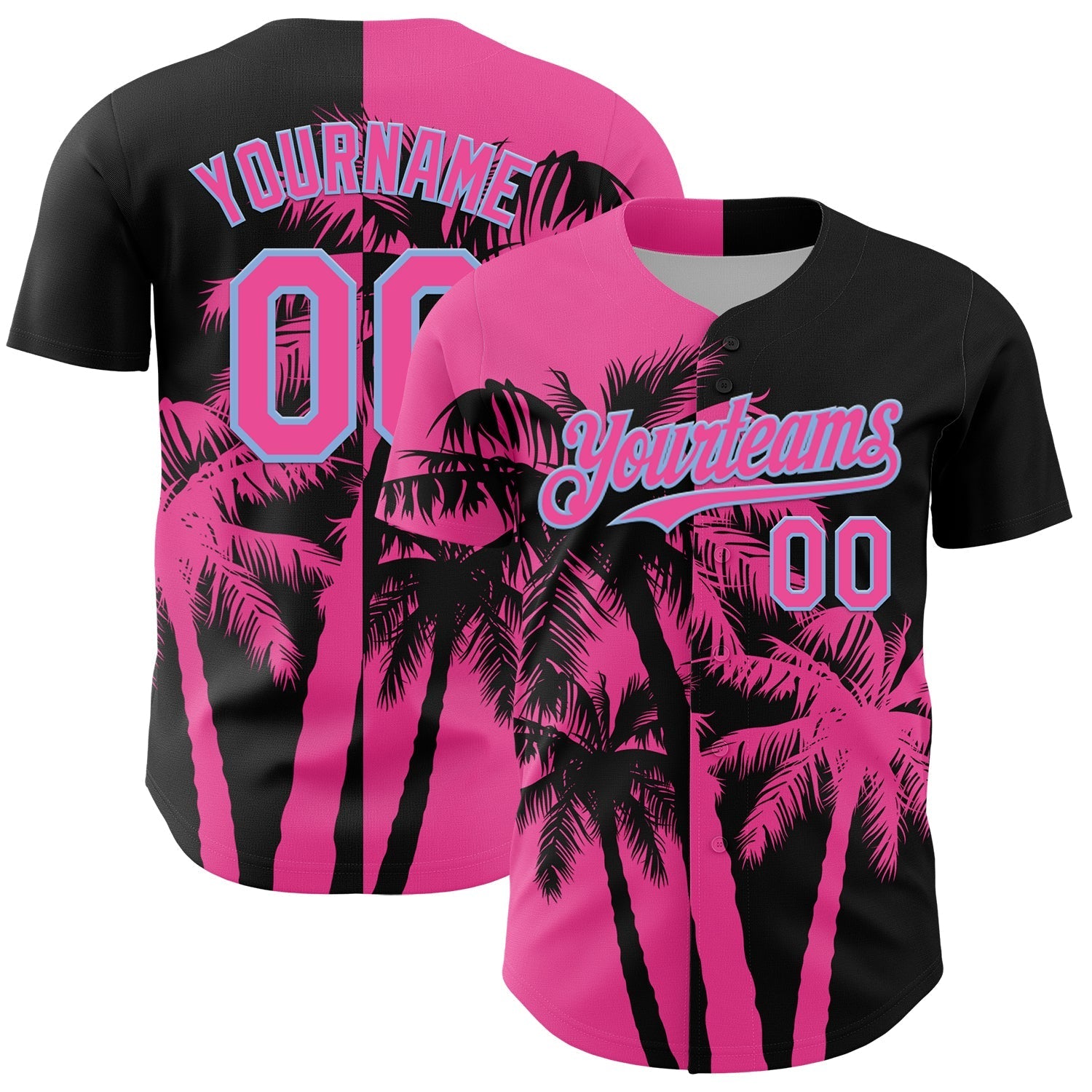 Custom Black Pink-Light Blue Hawaii Palm Trees Tropical Coconut Authentic Baseball Jersey baseball jersey product view 1