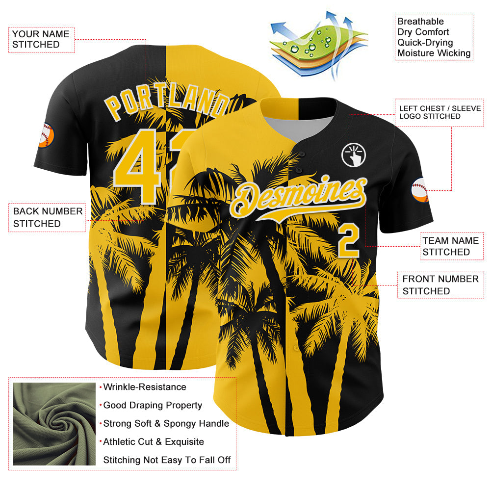 Custom Black Yellow-White Hawaii Palm Trees Tropical Coconut Authentic Baseball Jersey baseball jersey product view 3
