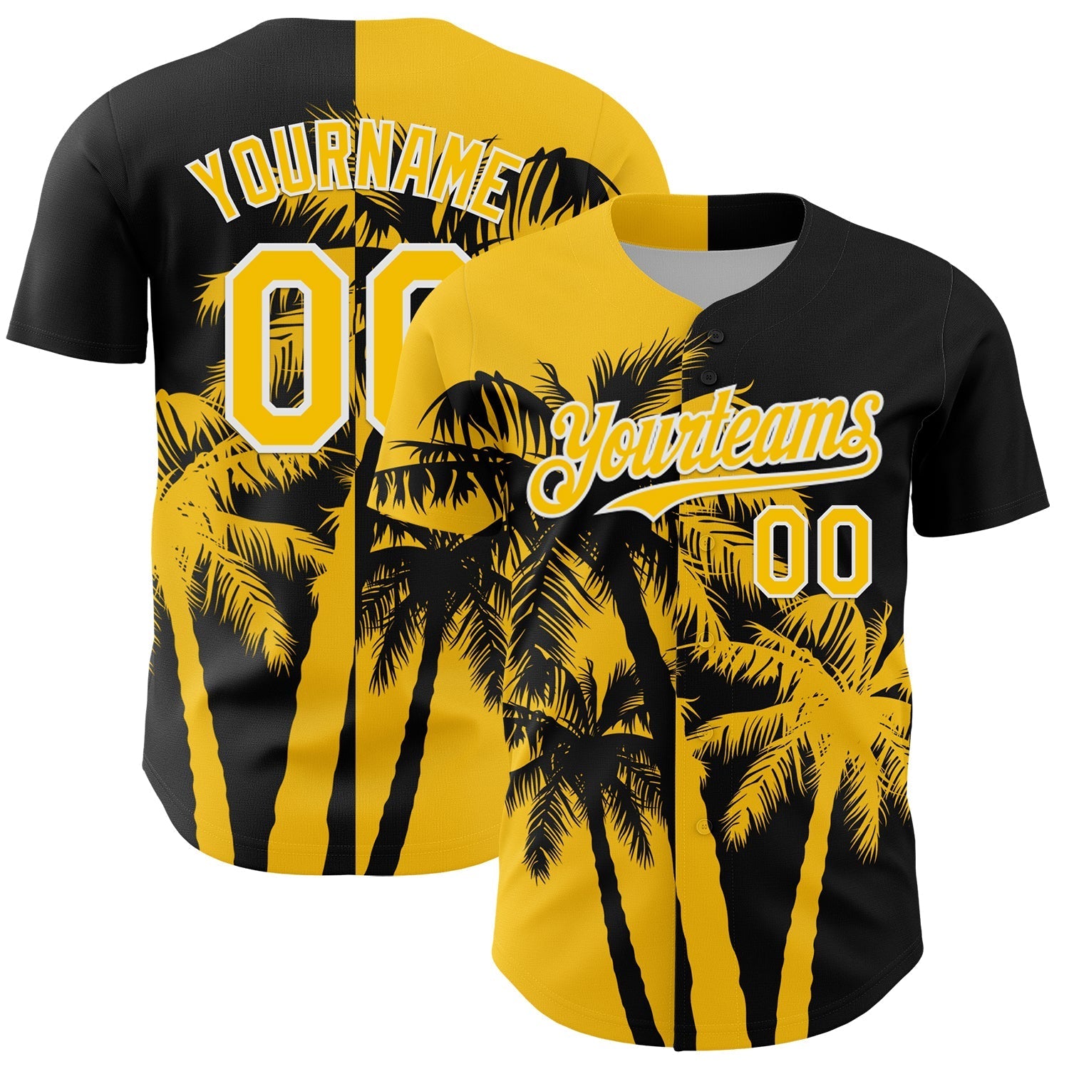 Custom Black Yellow-White Hawaii Palm Trees Tropical Coconut Authentic Baseball Jersey baseball jersey product view 1