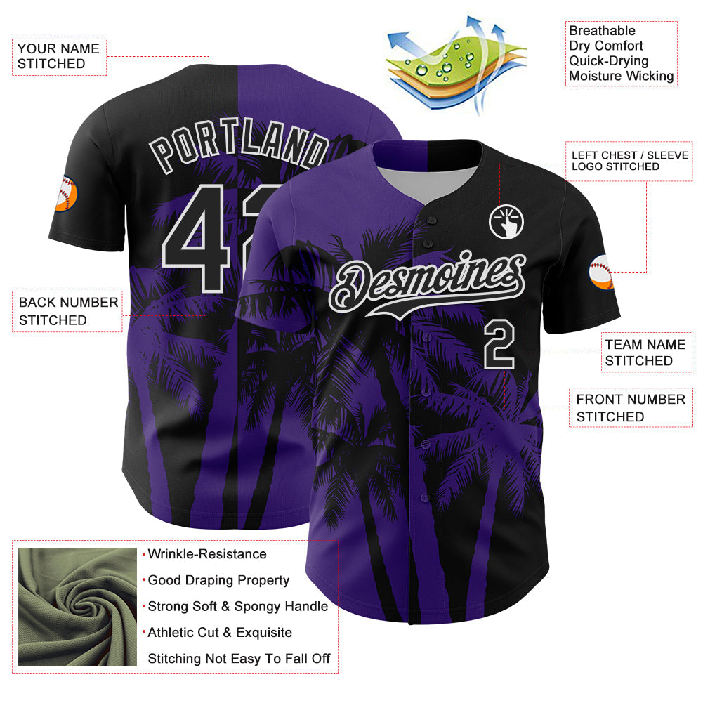 Custom Black Purple-White Hawaii Palm Trees Tropical Coconut Authentic Baseball Jersey baseball jersey product view 3