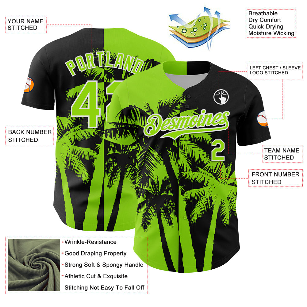 Custom Black Neon Green-White Hawaii Palm Trees Tropical Coconut Authentic Baseball Jersey baseball jersey product view 3
