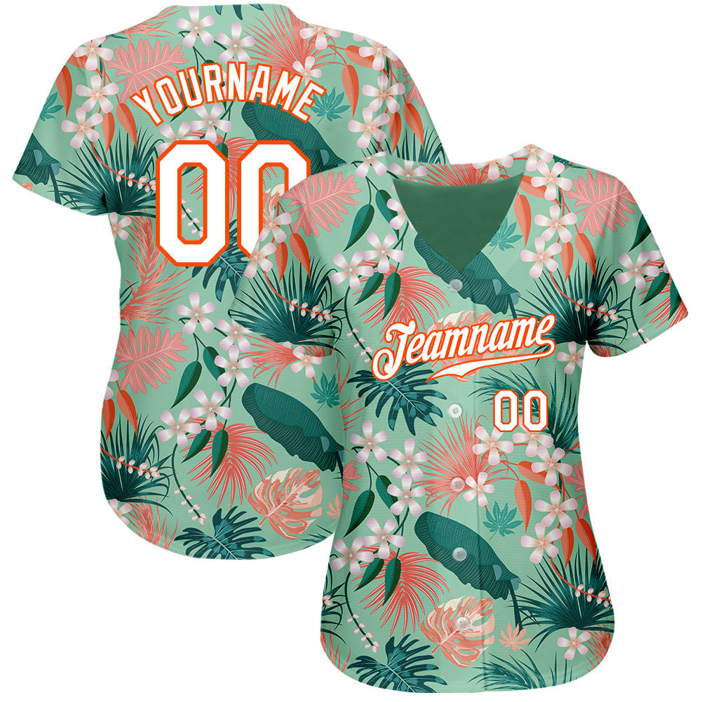 Custom Teal White-Orange 3D Pattern Design Hawaii Palm Leaves And Flowers Authentic Baseball Jersey baseball jersey product view 2