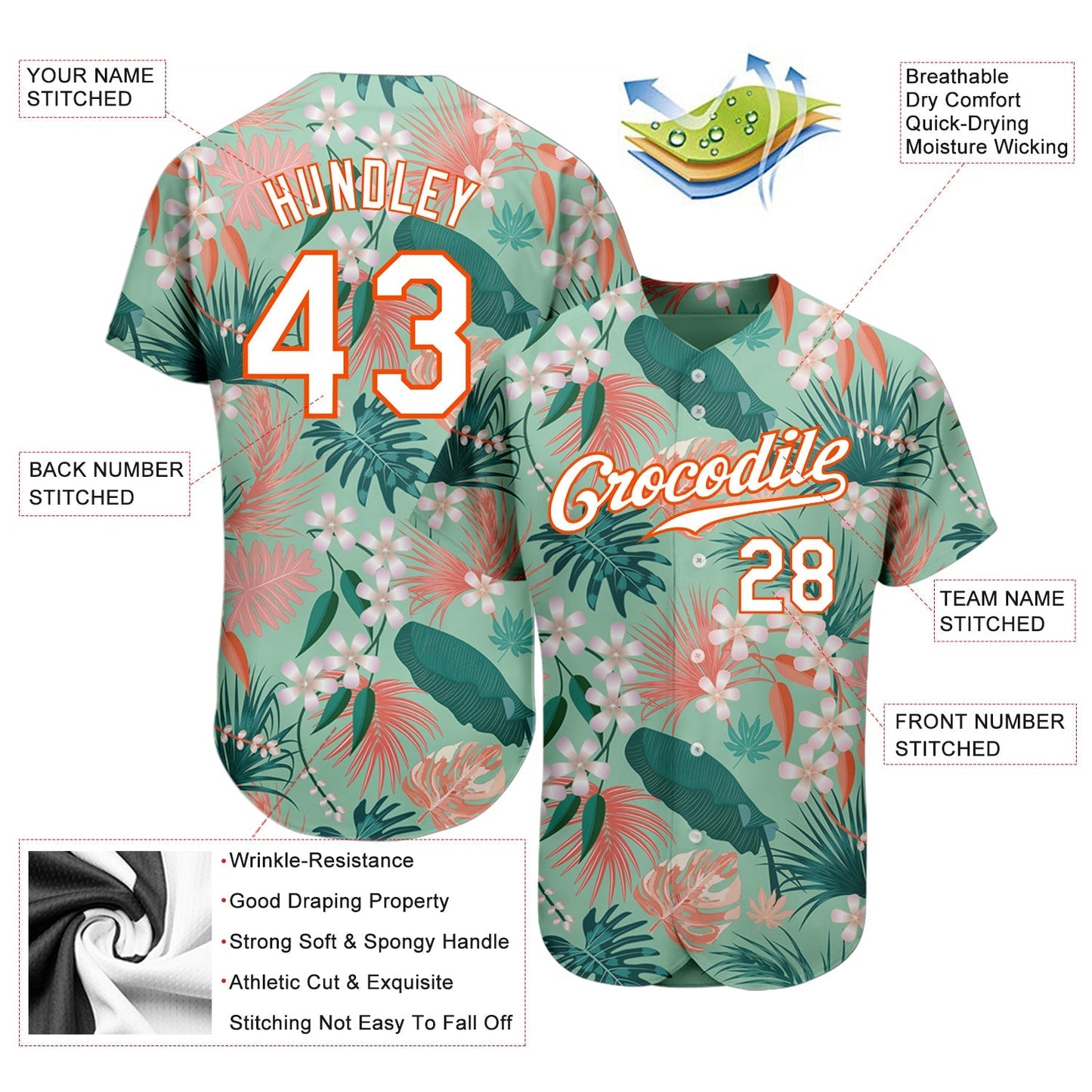 Custom Teal White-Orange 3D Pattern Design Hawaii Palm Leaves And Flowers Authentic Baseball Jersey baseball jersey product view 3