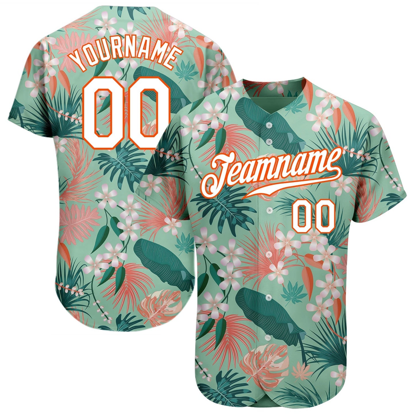 Custom Teal White-Orange 3D Pattern Design Hawaii Palm Leaves And Flowers Authentic Baseball Jersey baseball jersey product view 1