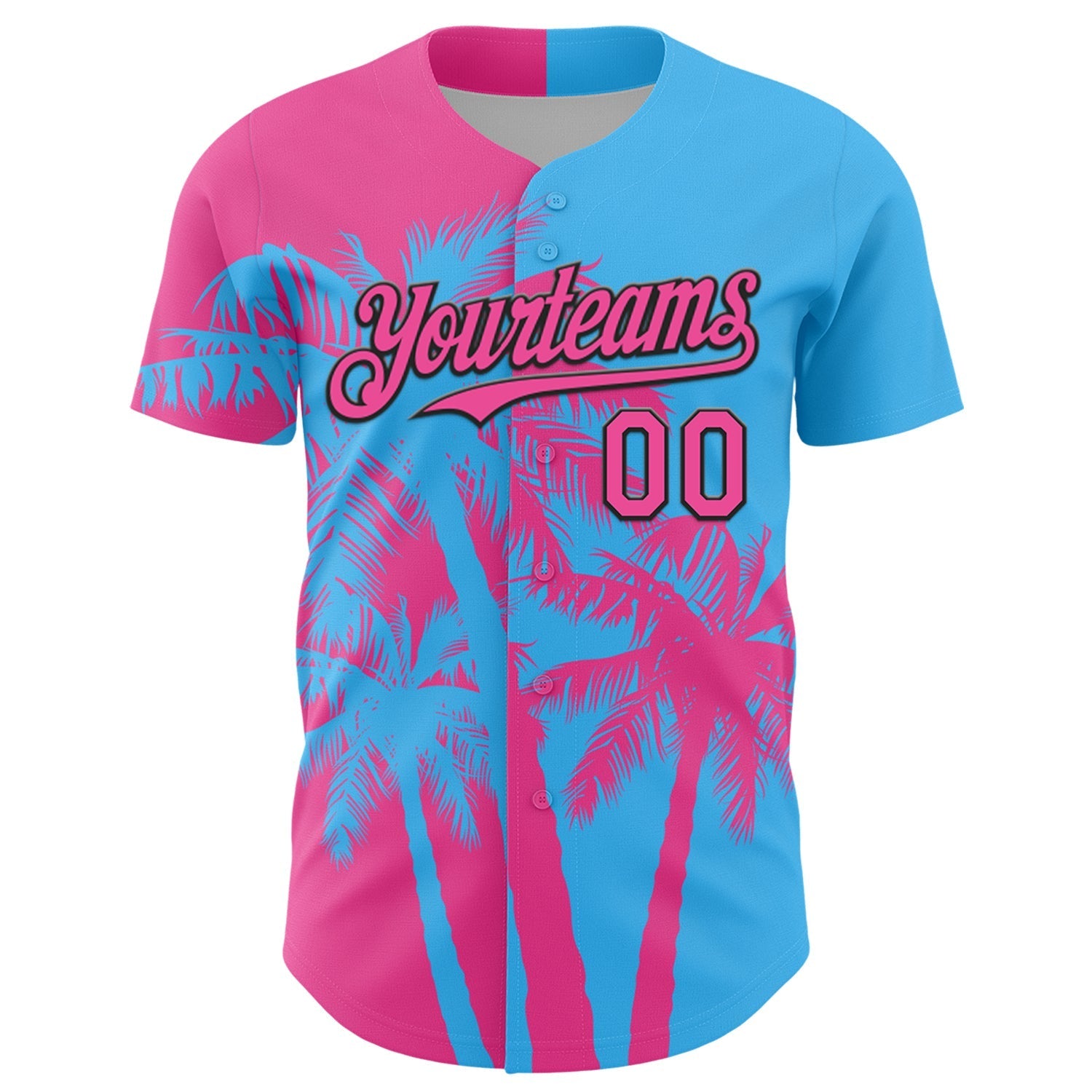 Custom Sky Blue Pink-Black Hawaii Palm Trees Tropical Coconut Authentic Baseball Jersey baseball jersey product view 2