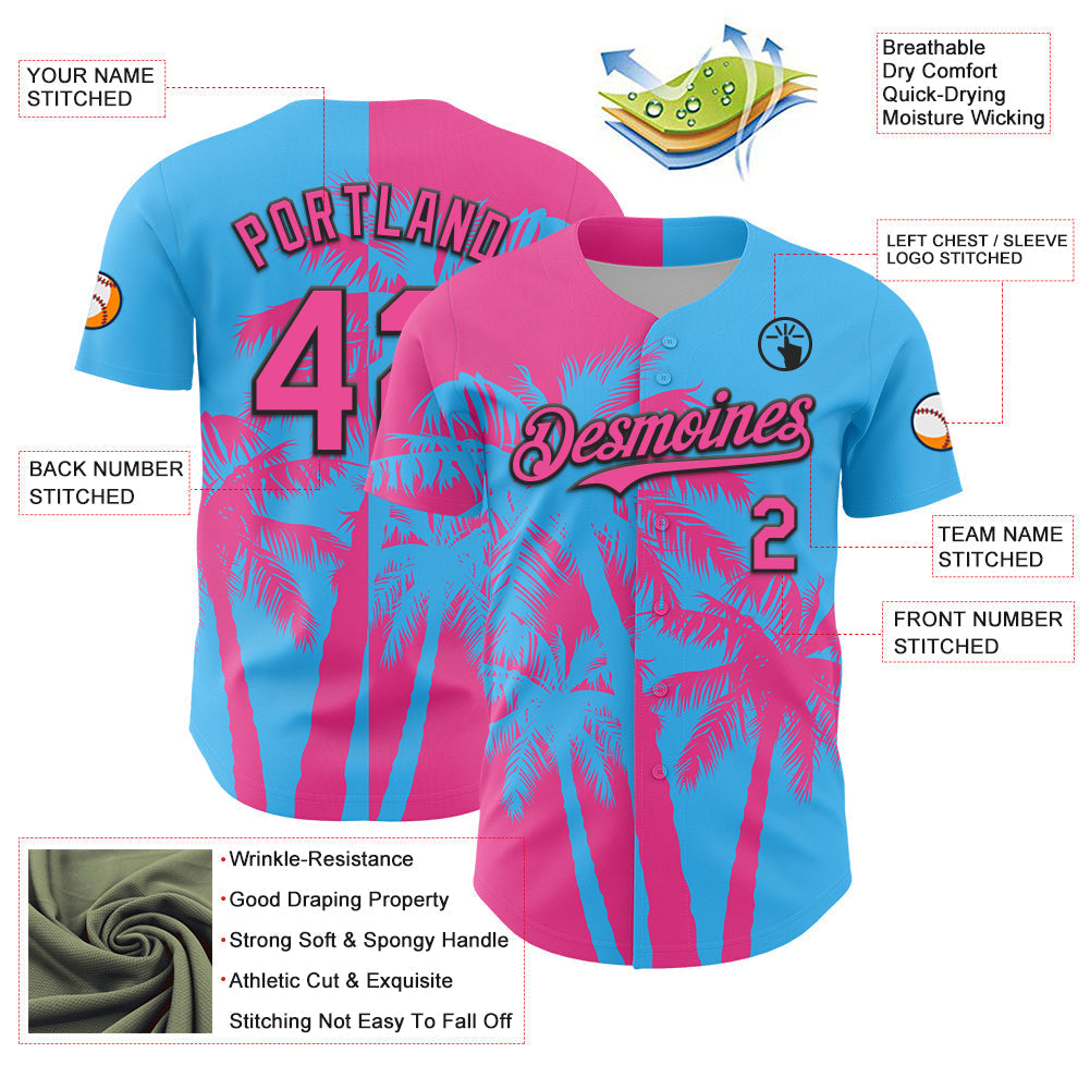 Custom Sky Blue Pink-Black Hawaii Palm Trees Tropical Coconut Authentic Baseball Jersey baseball jersey product view 3