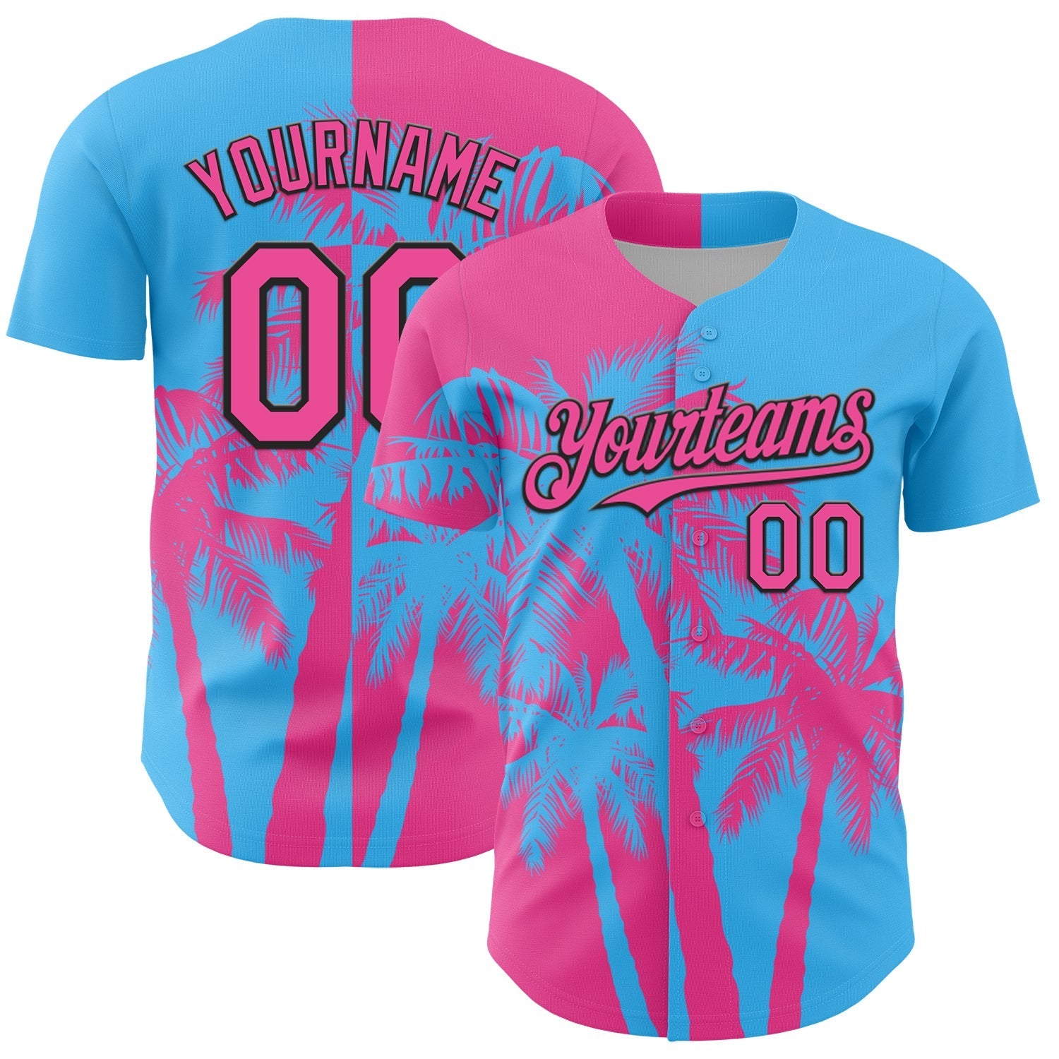 Custom Sky Blue Pink-Black Hawaii Palm Trees Tropical Coconut Authentic Baseball Jersey baseball jersey product view 1