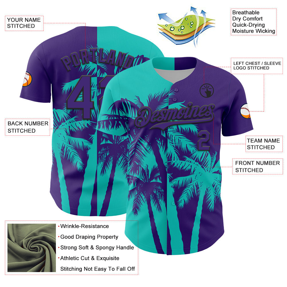 Custom Purple Aqua-Black Hawaii Palm Trees Tropical Coconut Authentic Baseball Jersey baseball jersey product view 3