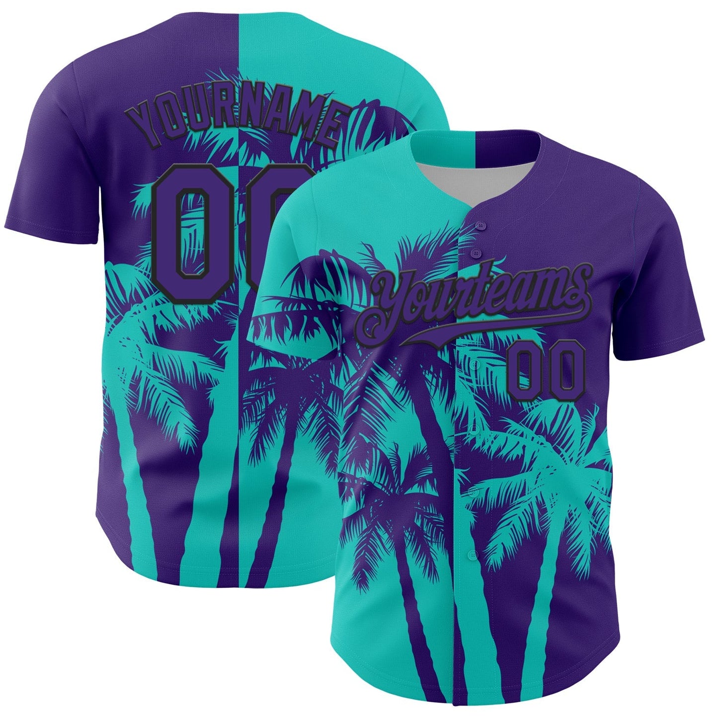 Custom Purple Aqua-Black Hawaii Palm Trees Tropical Coconut Authentic Baseball Jersey baseball jersey product view 1