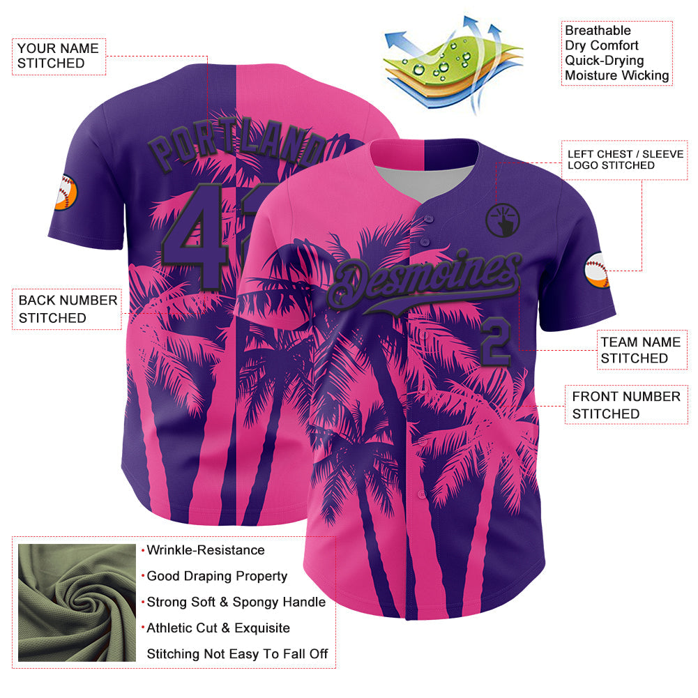 Custom Purple Pink-Black Hawaii Palm Trees Tropical Coconut Authentic Baseball Jersey baseball jersey product view 3