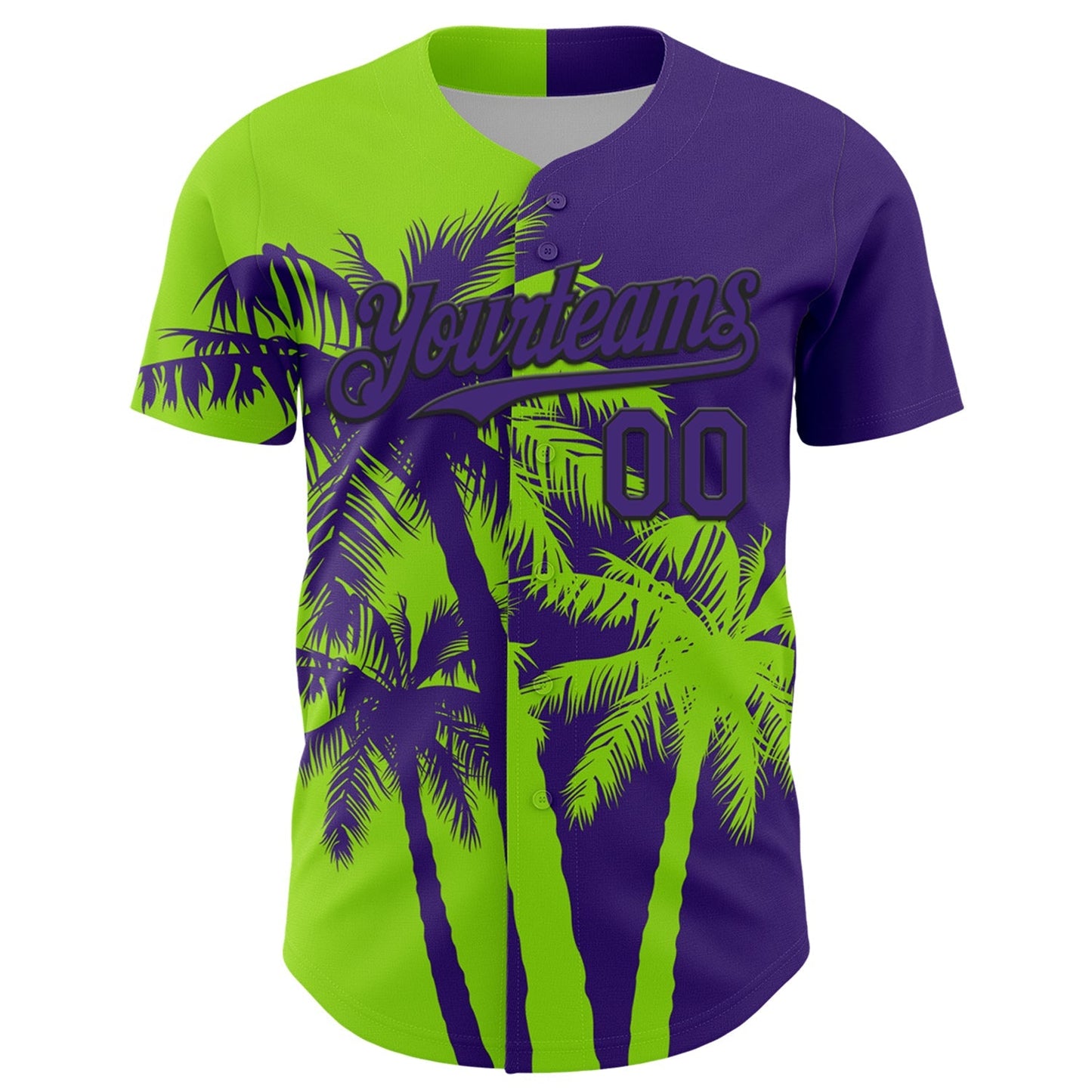 Custom Purple Neon Green-Black Hawaii Palm Trees Tropical Coconut Authentic Baseball Jersey baseball jersey product view 2