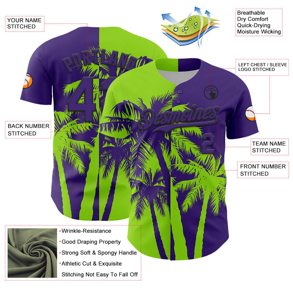 Custom Purple Neon Green-Black Hawaii Palm Trees Tropical Coconut Authentic Baseball Jersey baseball jersey product view 3