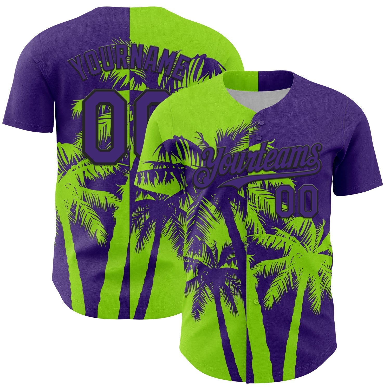 Custom Purple Neon Green-Black Hawaii Palm Trees Tropical Coconut Authentic Baseball Jersey baseball jersey product view 1