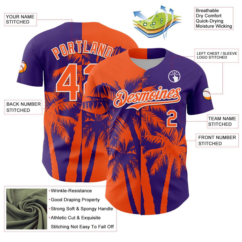 Custom Purple Orange-White Hawaii Palm Trees Tropical Coconut Authentic Baseball Jersey baseball jersey product view 3