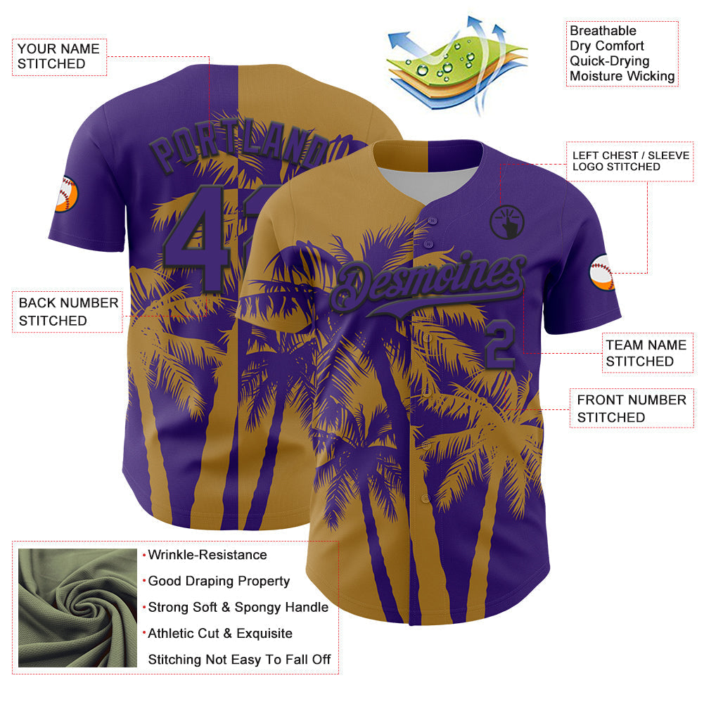 Custom Purple Old Gold-Black Hawaii Palm Trees Tropical Coconut Authentic Baseball Jersey baseball jersey product view 3