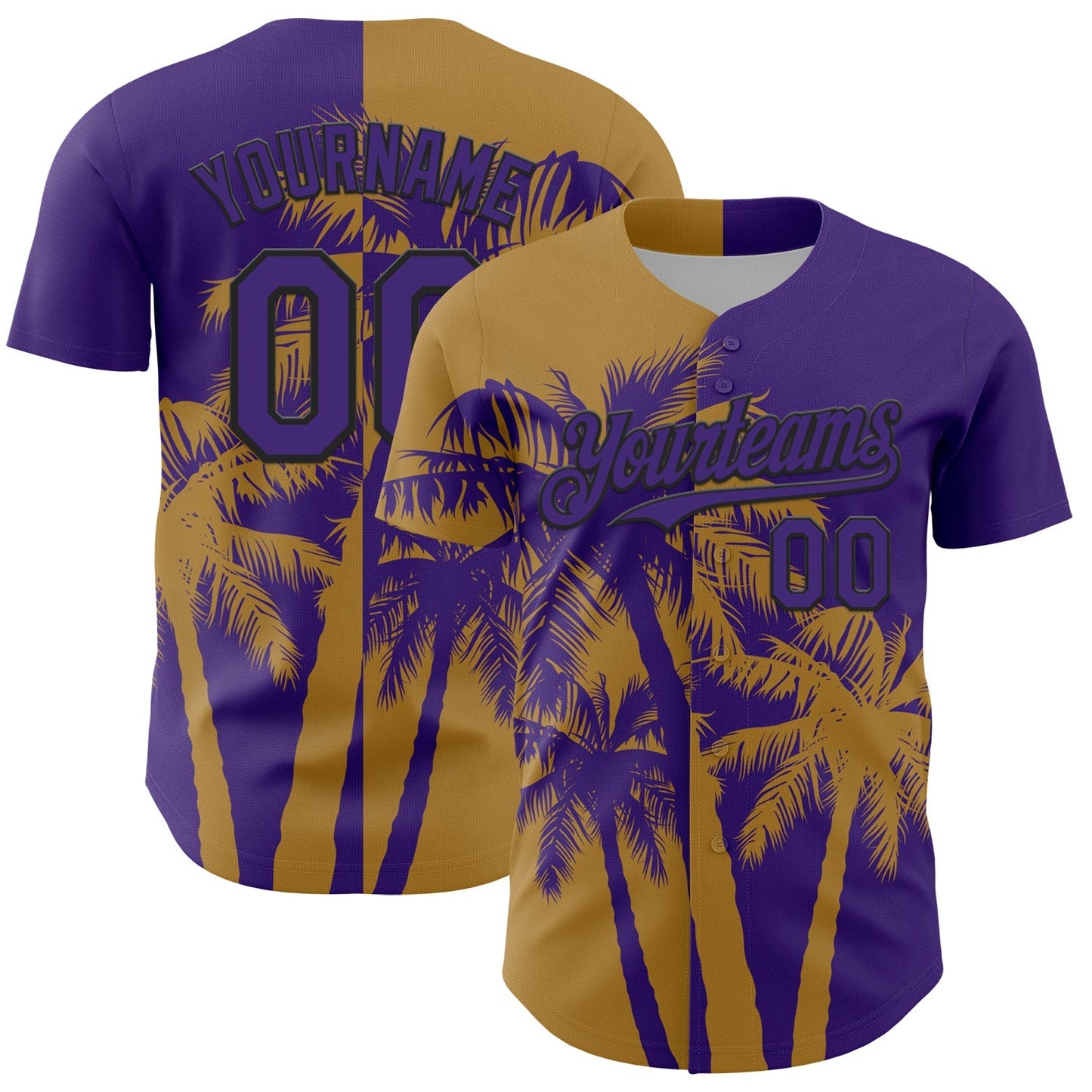 Custom Purple Old Gold-Black Hawaii Palm Trees Tropical Coconut Authentic Baseball Jersey baseball jersey product view 1