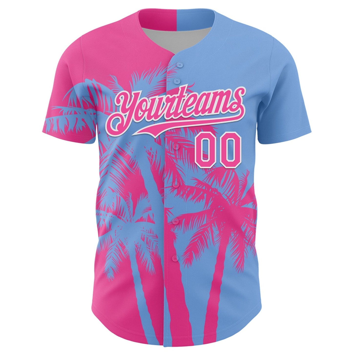 Custom Light Blue Pink-White Hawaii Palm Trees Tropical Coconut Authentic Baseball Jersey baseball jersey product view 2
