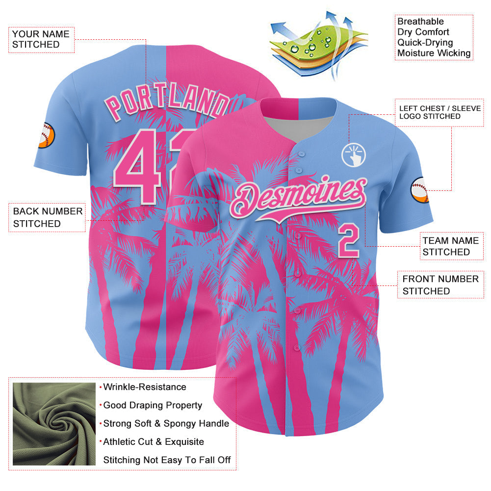 Custom Light Blue Pink-White Hawaii Palm Trees Tropical Coconut Authentic Baseball Jersey baseball jersey product view 3