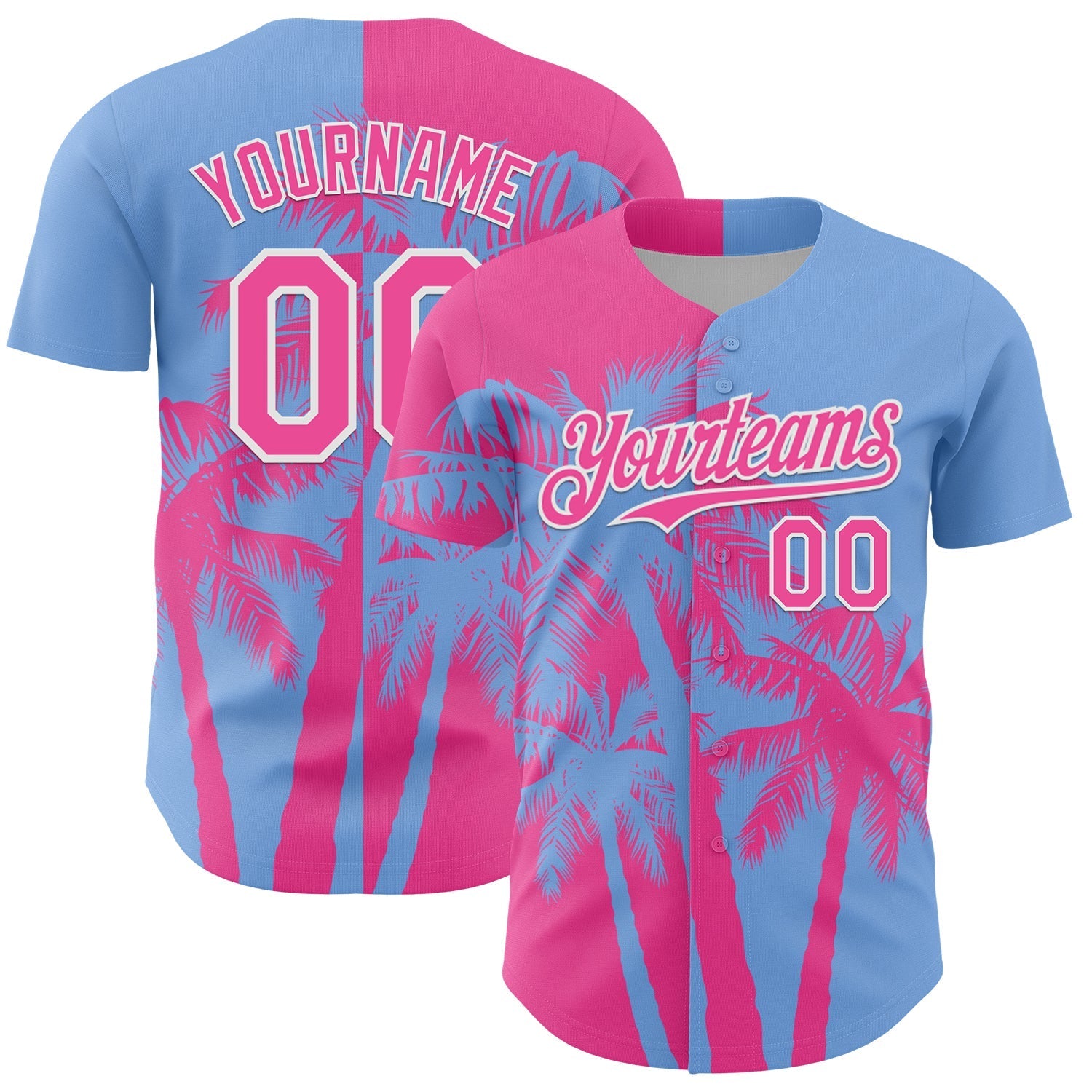 Custom Light Blue Pink-White Hawaii Palm Trees Tropical Coconut Authentic Baseball Jersey baseball jersey product view 1