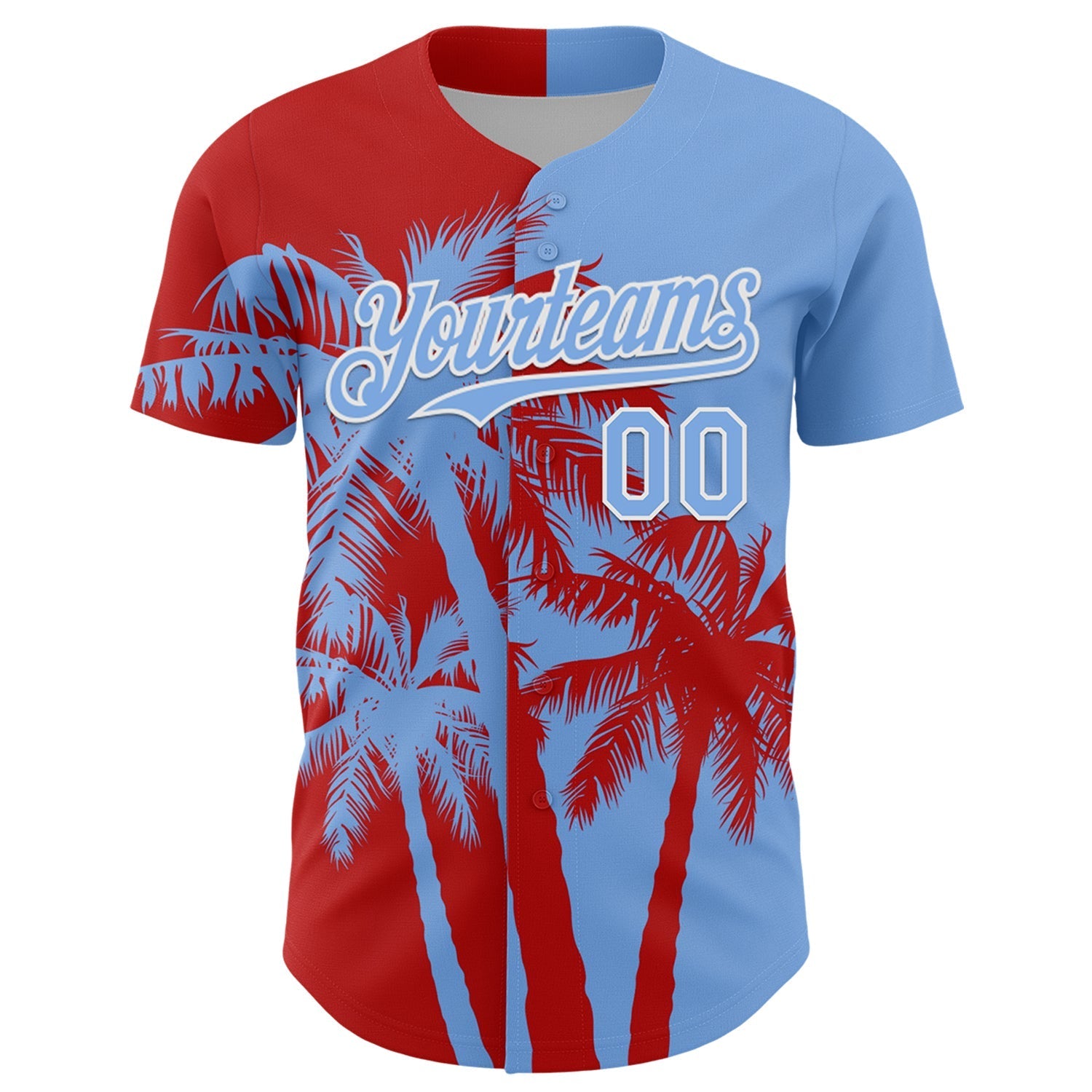 Custom Light Blue Red-White Hawaii Palm Trees Tropical Coconut Authentic Baseball Jersey baseball jersey product view 2