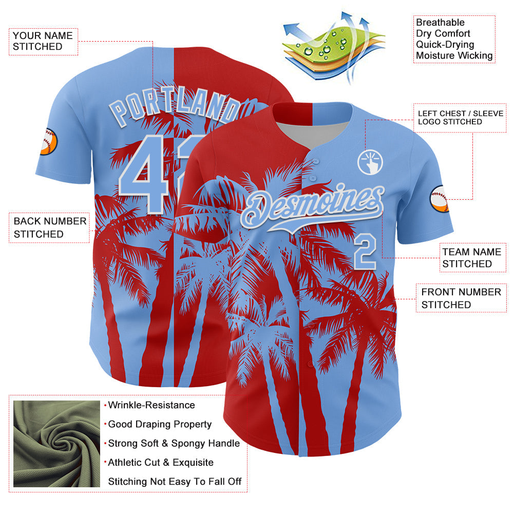 Custom Light Blue Red-White Hawaii Palm Trees Tropical Coconut Authentic Baseball Jersey baseball jersey product view 3