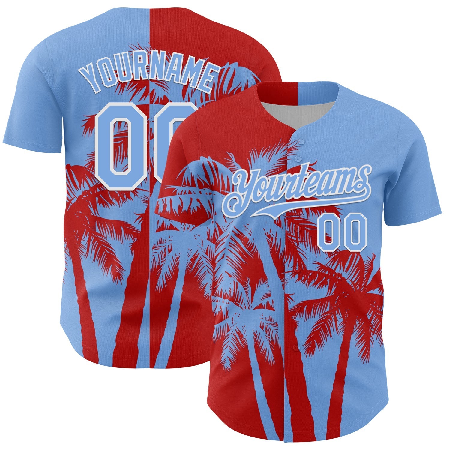 Custom Light Blue Red-White Hawaii Palm Trees Tropical Coconut Authentic Baseball Jersey baseball jersey product view 1