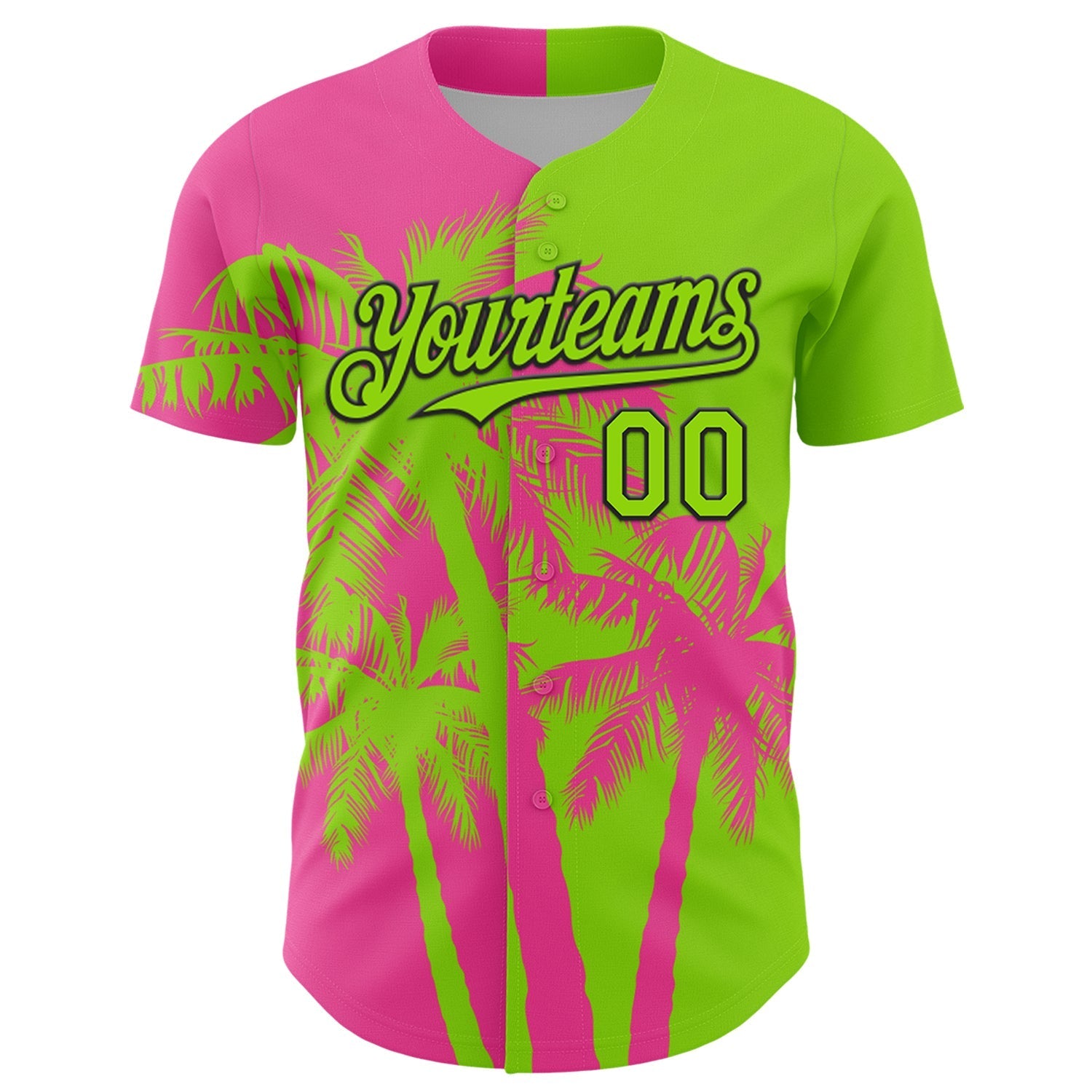 Custom Neon Green Pink-Black Hawaii Palm Trees Tropical Coconut Authentic Baseball Jersey baseball jersey product view 2