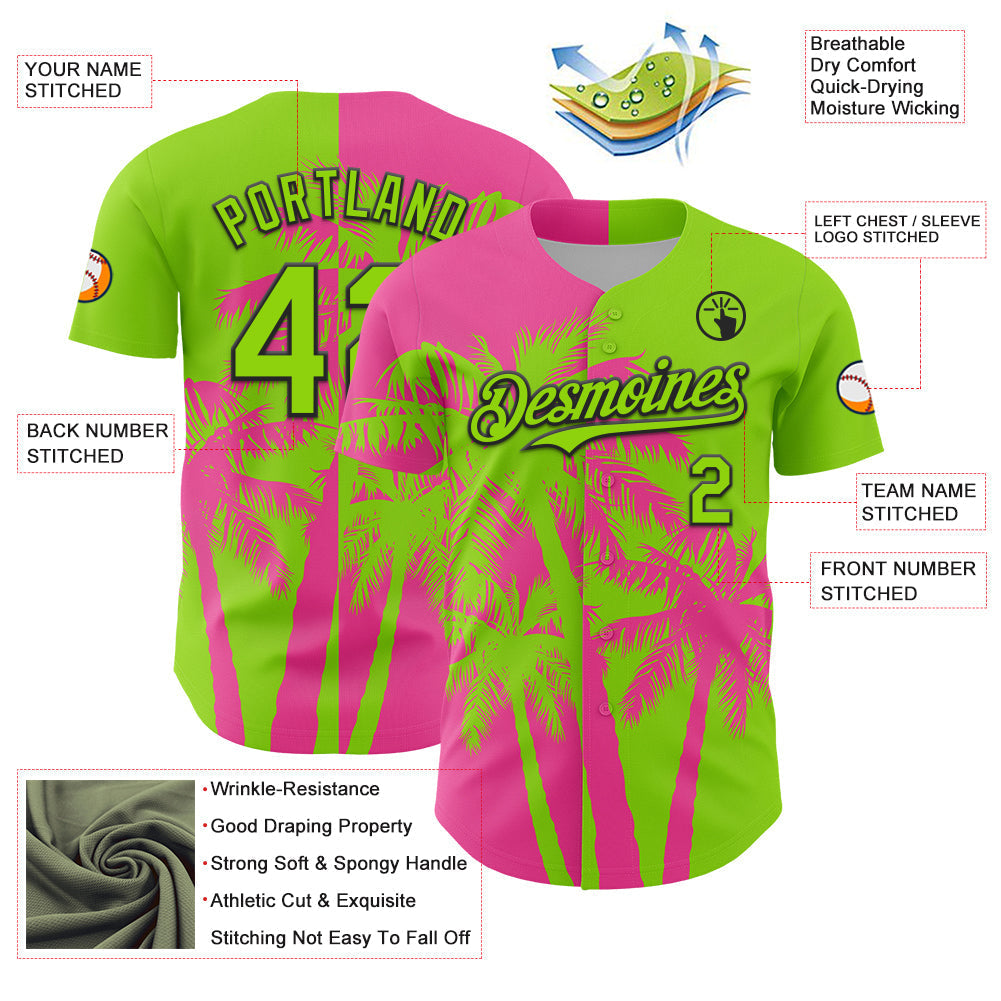 Custom Neon Green Pink-Black Hawaii Palm Trees Tropical Coconut Authentic Baseball Jersey baseball jersey product view 3