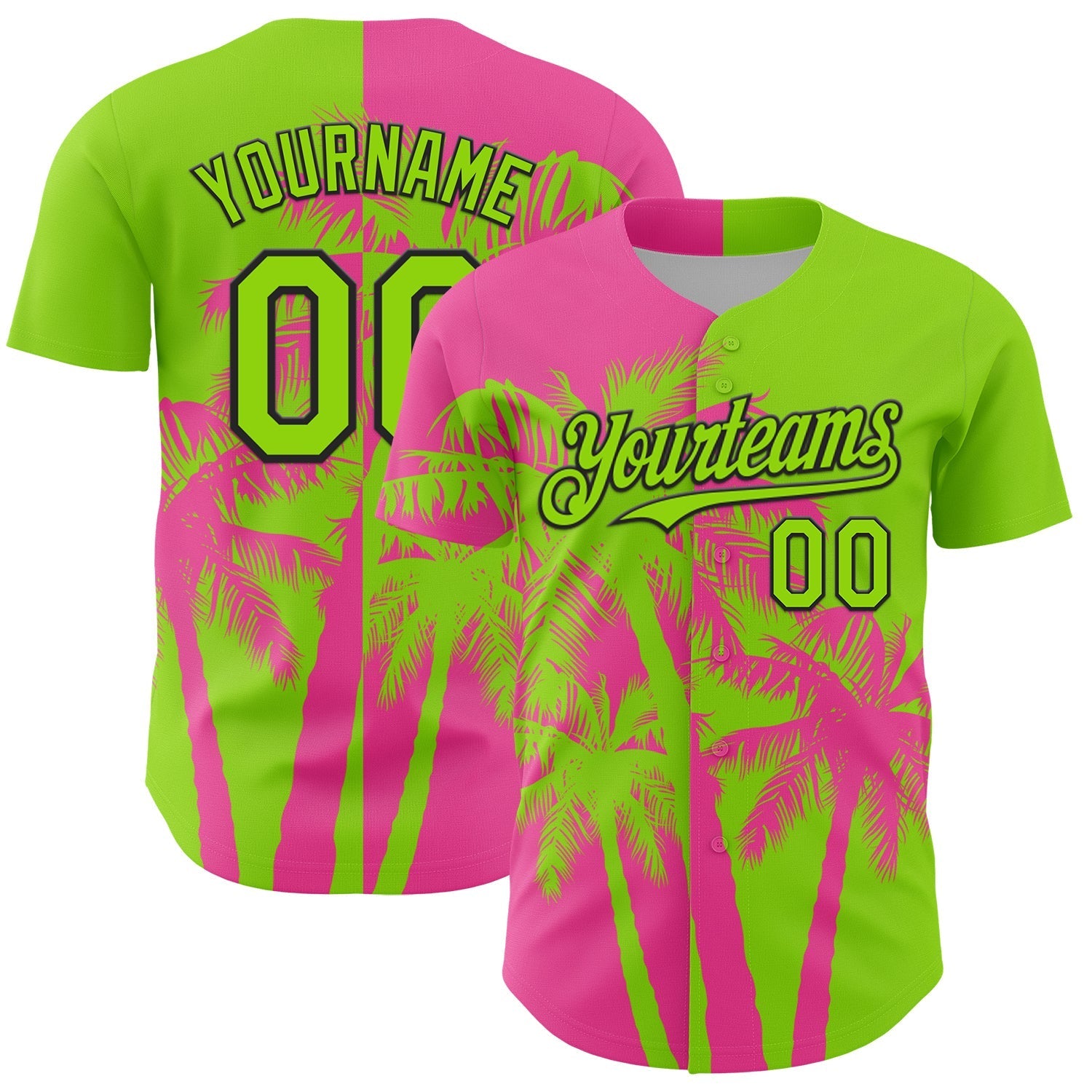 Custom Neon Green Pink-Black Hawaii Palm Trees Tropical Coconut Authentic Baseball Jersey baseball jersey product view 1