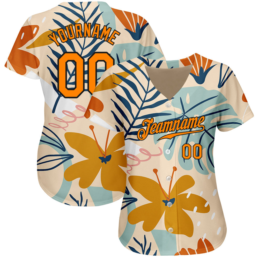 Custom Cream Bay Orange-Black 3D Pattern Design Hawaii Palm Leaves And Flowers Authentic Baseball Jersey baseball jersey product view 2