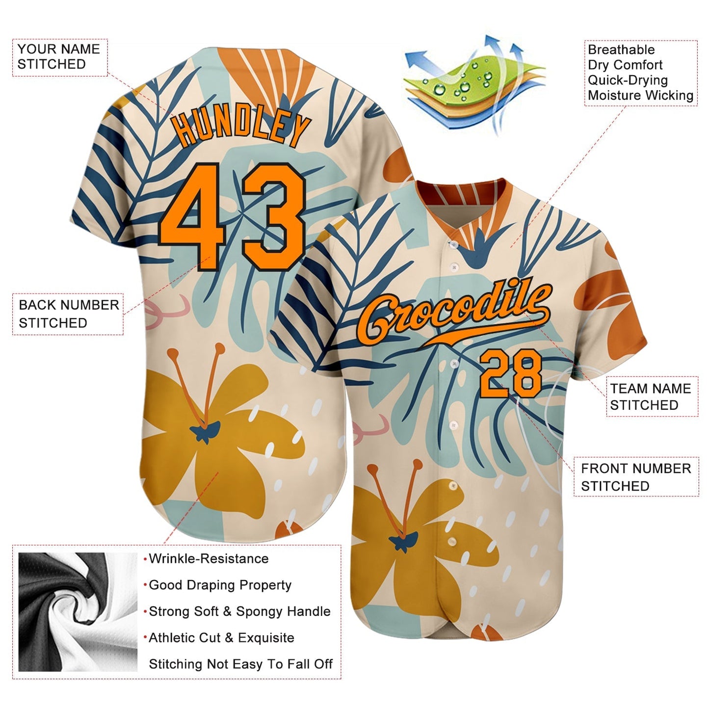 Custom Cream Bay Orange-Black 3D Pattern Design Hawaii Palm Leaves And Flowers Authentic Baseball Jersey baseball jersey product view 3