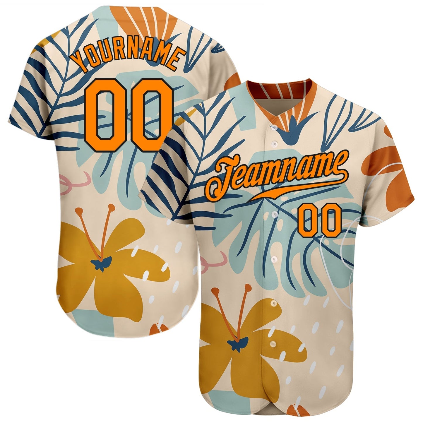 Custom Cream Bay Orange-Black 3D Pattern Design Hawaii Palm Leaves And Flowers Authentic Baseball Jersey baseball jersey product view 1
