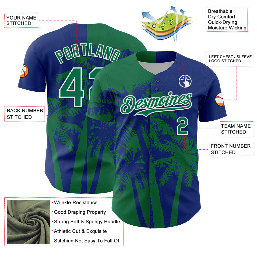 Custom Royal Kelly Green-White Hawaii Palm Trees Tropical Coconut Authentic Baseball Jersey baseball jersey product view 3