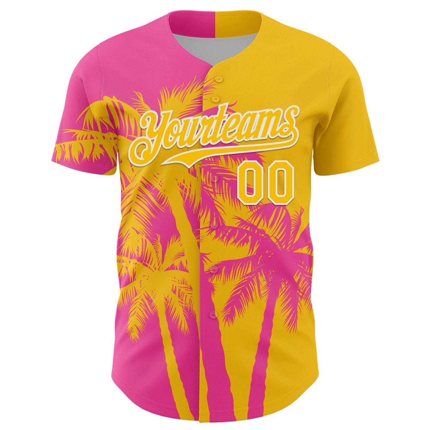 Custom Yellow Pink-White Hawaii Palm Trees Tropical Coconut Authentic Baseball Jersey baseball jersey product view 2