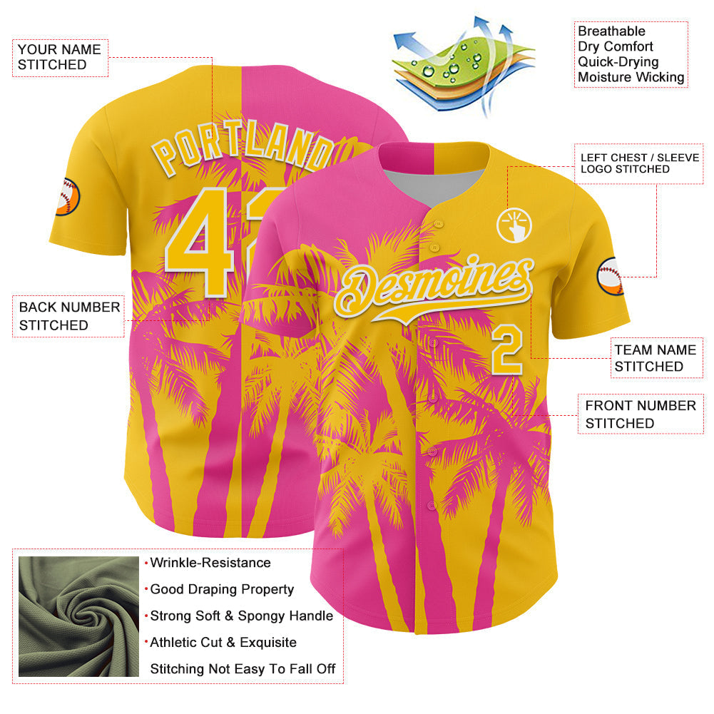 Custom Yellow Pink-White Hawaii Palm Trees Tropical Coconut Authentic Baseball Jersey baseball jersey product view 3