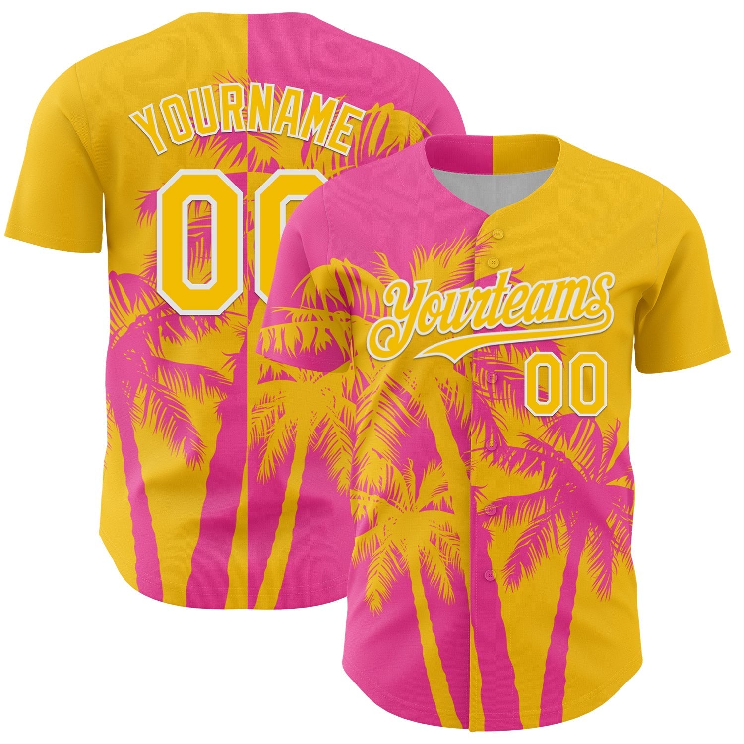 Custom Yellow Pink-White Hawaii Palm Trees Tropical Coconut Authentic Baseball Jersey baseball jersey product view 1