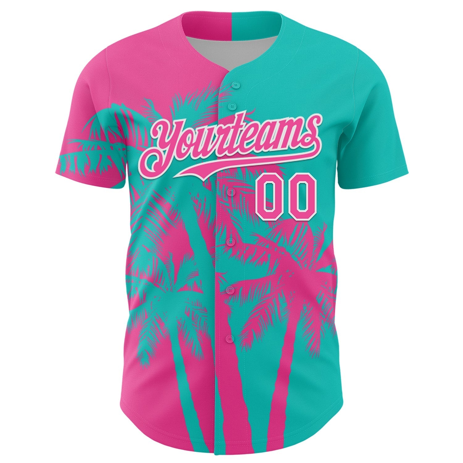 Custom Aqua Pink-White Hawaii Palm Trees Tropical Coconut Authentic Baseball Jersey baseball jersey product view 2